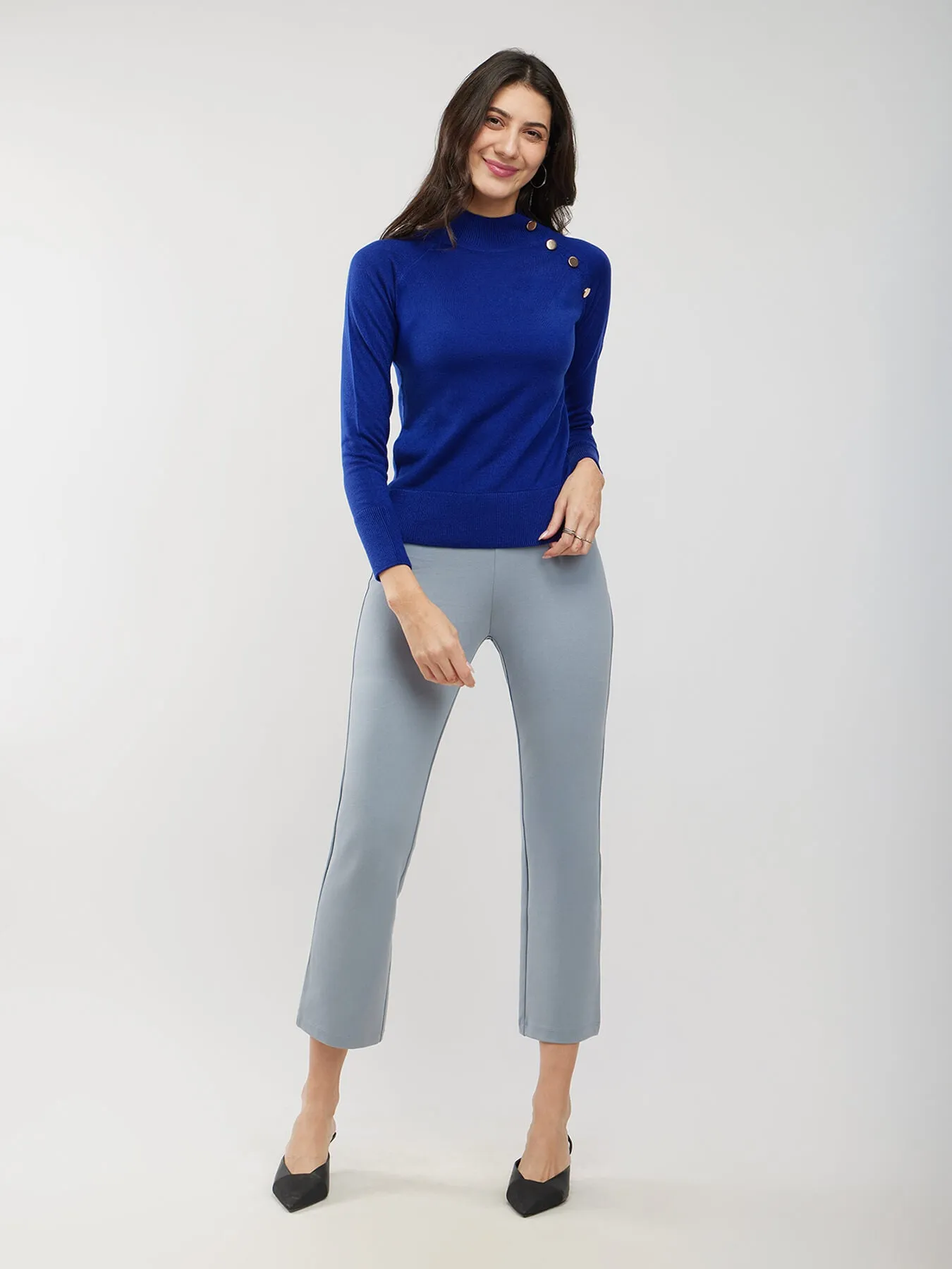 LivSoft Button Detail Crew Neck Sweater - Blue