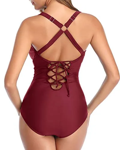 Low Back V Neck One Piece Swimsuit Criss Cross Bathing Suit-Maroon