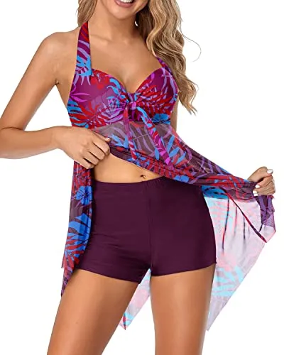 Push Up Halter Bathing Suit Dress With Boyshorts For Women-Purple Leaf