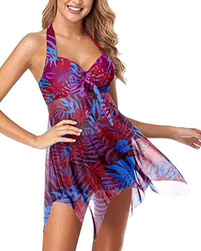 Push Up Halter Bathing Suit Dress With Boyshorts For Women-Purple Leaf