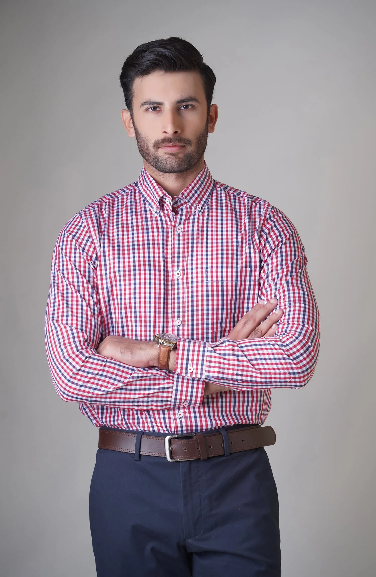 Red/Navy Full Sleeves Cotton Shirt