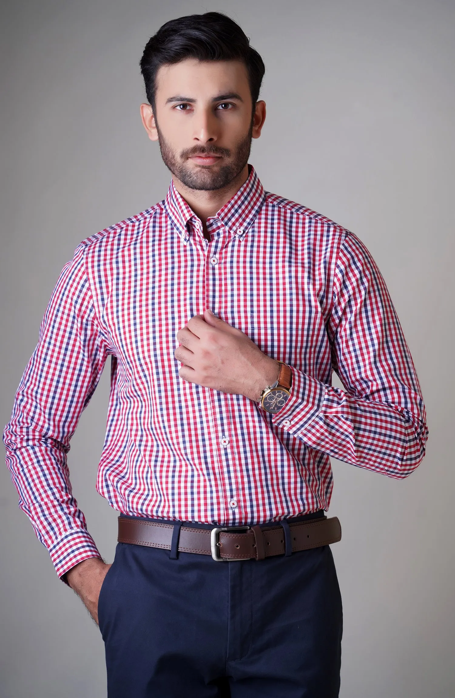 Red/Navy Full Sleeves Cotton Shirt