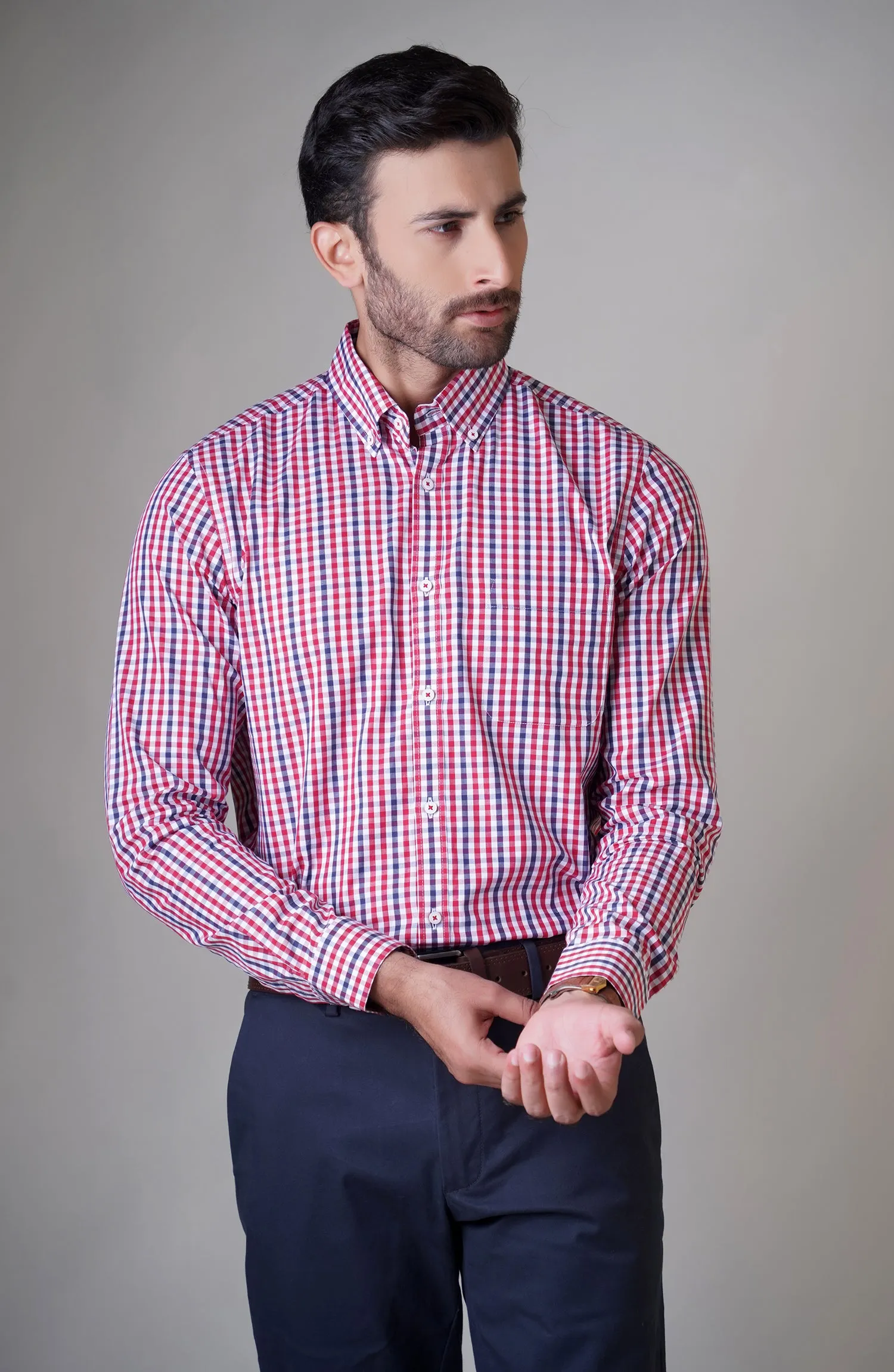 Red/Navy Full Sleeves Cotton Shirt