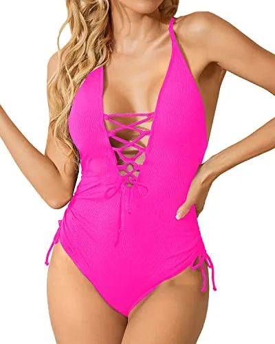 Sexy Deep Lace Up One Piece Swimsuit For Teen Girls-Neon Pink