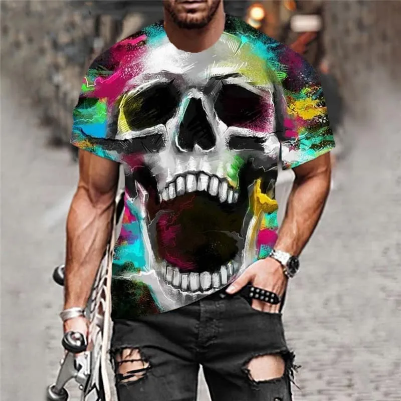 Skull T shirt Men Graffiti Anime Clothes Colorful T-shirts 3d Pigment Funny T shirts