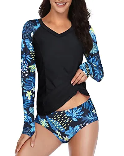 Teen Girls & Juniors Swim Outing Set Rash Guard Long Sleeve-Blue Leaf