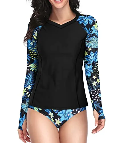 Teen Girls & Juniors Swim Outing Set Rash Guard Long Sleeve-Blue Leaf