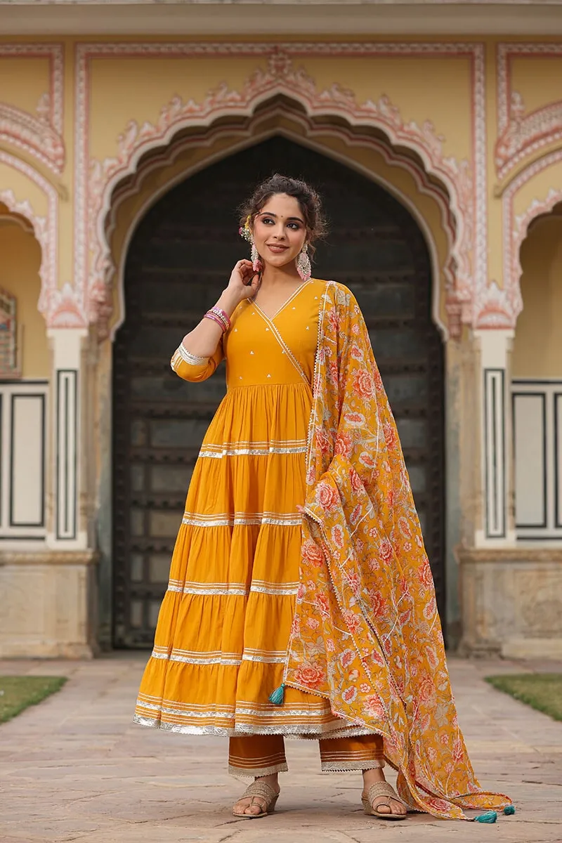 Tooba Angrakha Tiered Solid Suit Set With Pant And Dupatta