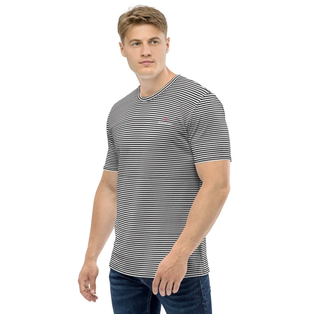 White Black Striped Men's T-shirt, Modern Luxury Regular Fit Tee For Men-Made in USA/EU/MX