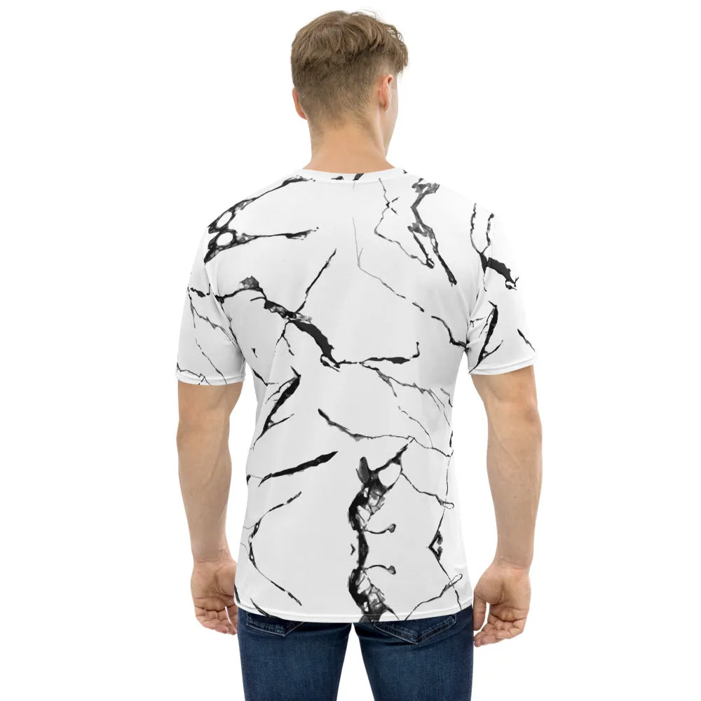 White Marble Print Men's T-shirt, Designer Marbled Pattern Printed Luxury Tees-Made in USA/EU