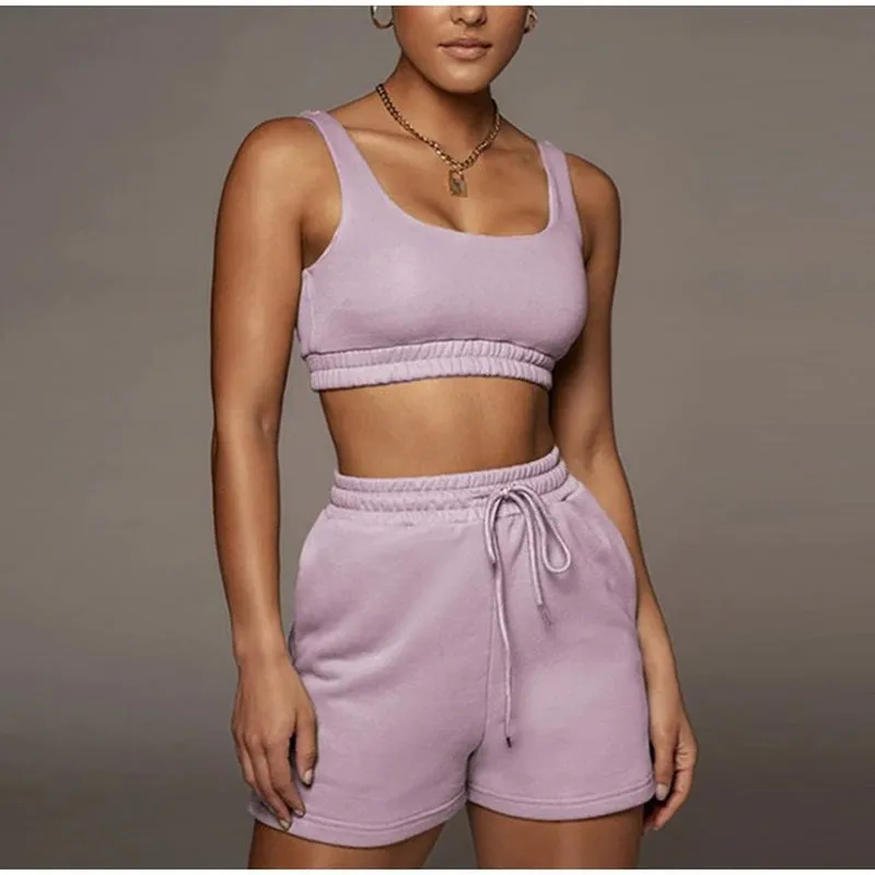 Women Two Piece Sets Sleepwear Pajamas Set Sleeveless Cropped Nighties Pijama Home Nightwear Pyjama and Drawstring Shorts Suits