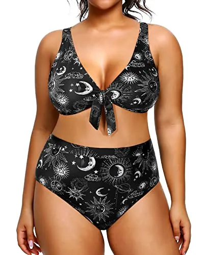 Women's Plus Size Bikini High Waisted Swimsuits Two Piece Bathing Suits-Black Sun And Moon