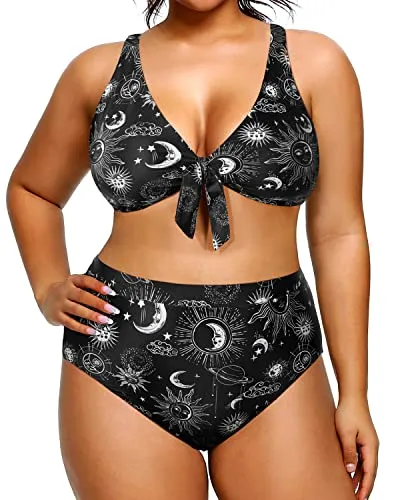 Women's Plus Size Bikini High Waisted Swimsuits Two Piece Bathing Suits-Black Sun And Moon