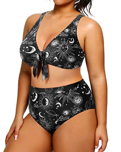 Women's Plus Size Bikini High Waisted Swimsuits Two Piece Bathing Suits-Black Sun And Moon