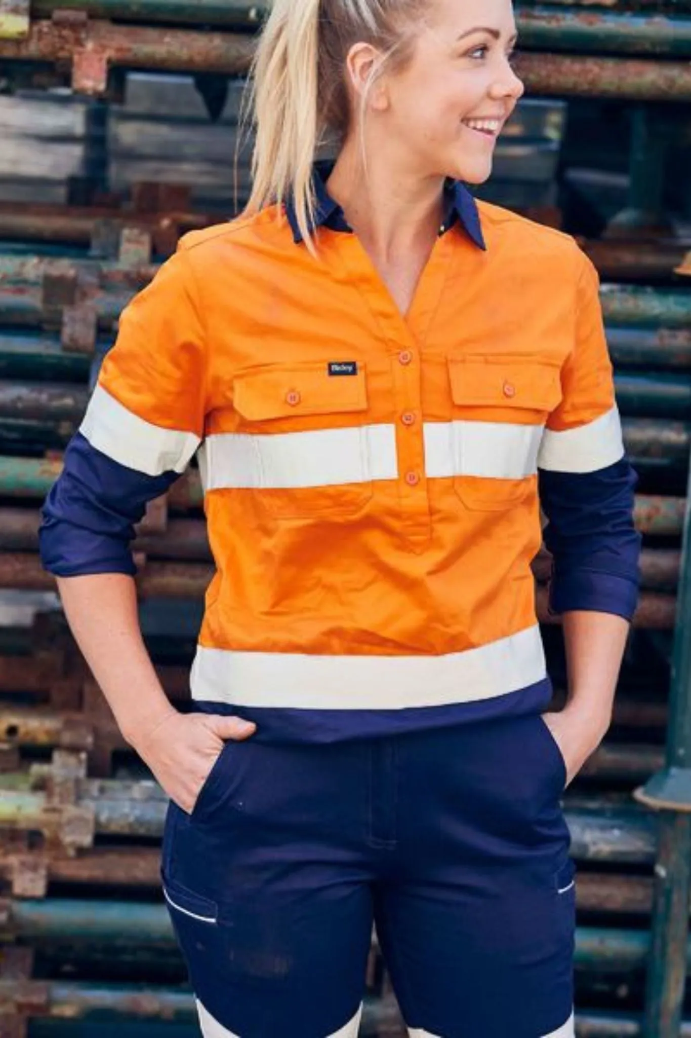 Women's Taped Hi Vis Stretch V-Neck Shirt- BLC6064T