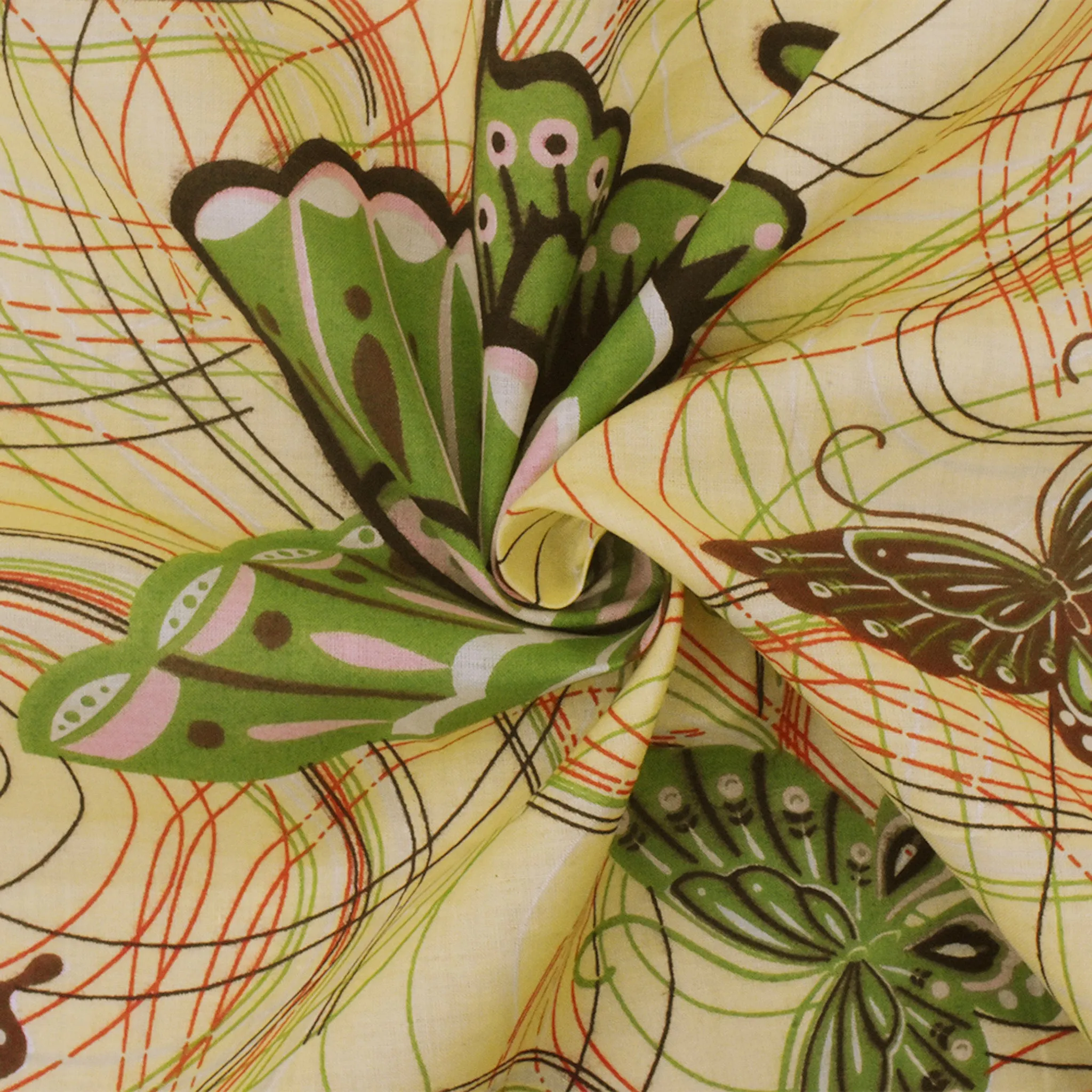 Yellow-Brown-Multi Butterfly Printed Cotton Batiste Woven Fabric